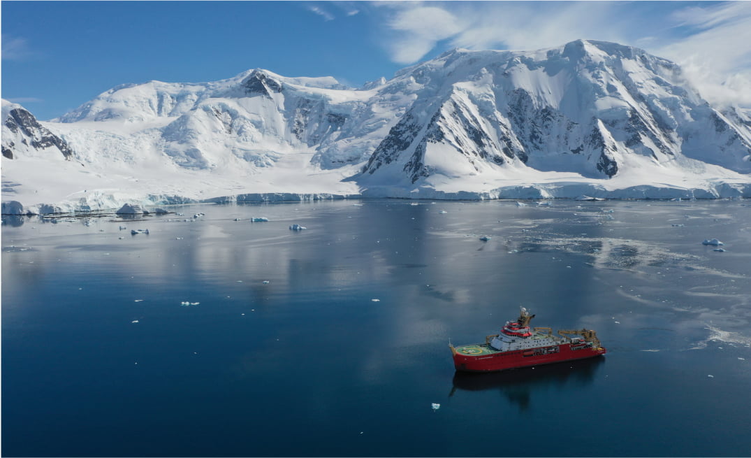 The RRS Sir David Attenborough sailing in Antarctica